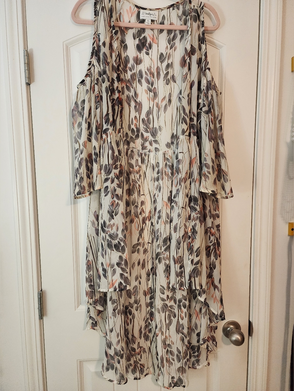 JJ Boutique Cold Shoulder Floral Chiffon Kimono Cream/Brown Sheer High-low XL